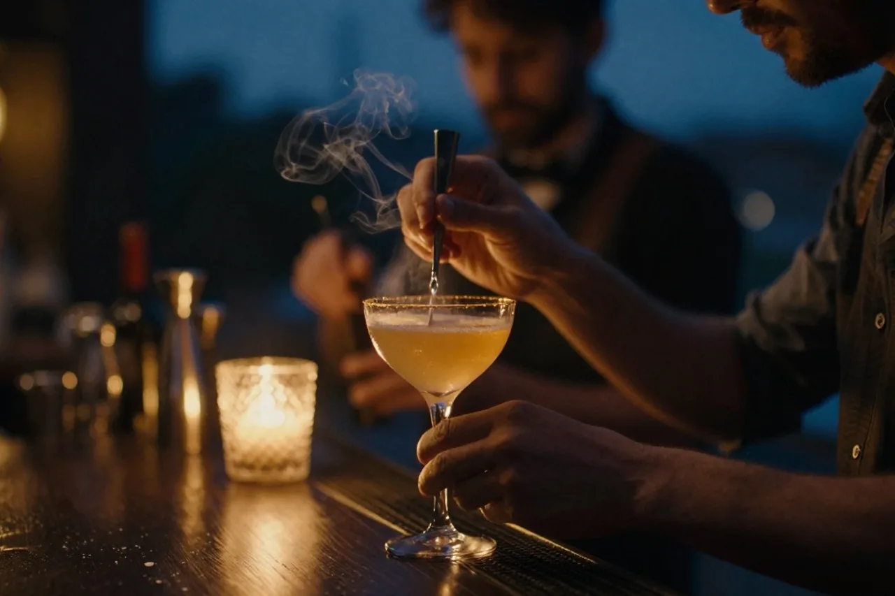 Préparation d'un cocktail signature à NOCTUA, gestuelle précise du barman