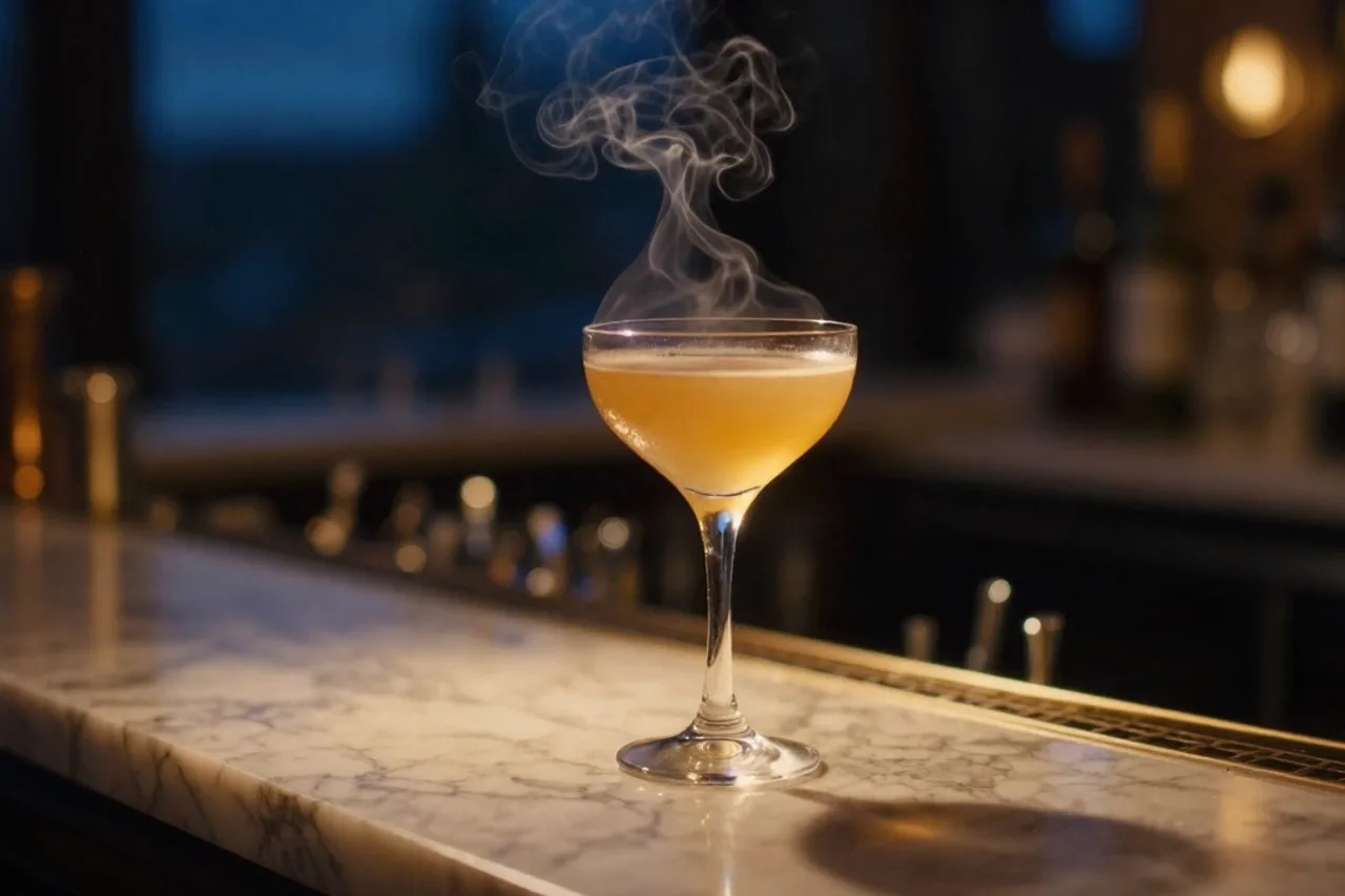 Cocktail signature posé sur le comptoir en marbre de NOCTUA